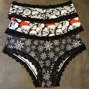 Morvia 3pk lace trim Skater goth Emo panties pick skulls stars Santa Lingerie
